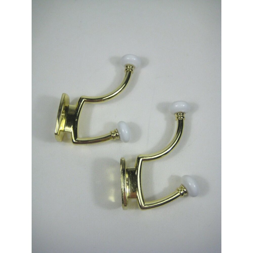 Set Of 2 Vintage Double Gold Wall Hooks Brass Ceramic Knobs 4 Inches Long Taiwan
